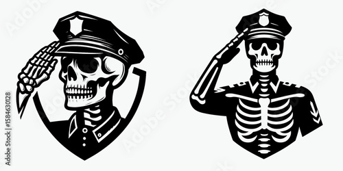 A Skeleton as Police officer saluting proudly. Skull Bones Skeletal Clipart Line Art Vector Illustration. Bony lawman giving respect person in uniform honors with pride.