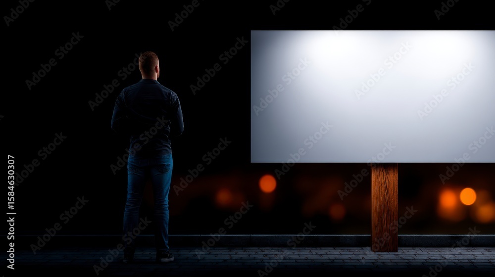 Fototapeta premium A person standing in front of a blank billboard in an urban alleyway contemplating the endless possibilities for creativity and expression. A solitary figure urban backdrop vast