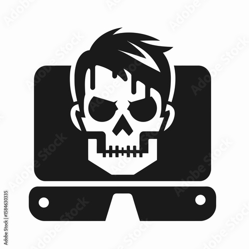 A Skeleton as Programmer staring at screen in concentration. Skull Bones Skeletal Clipart Line Art Vector Illustration. .