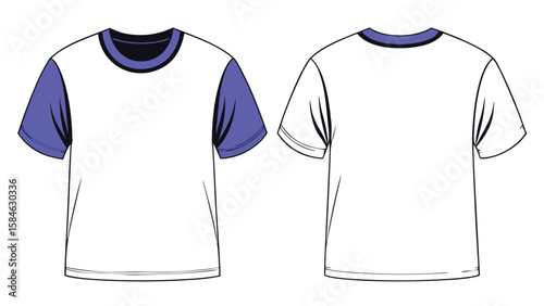 Black t-shirt mockup showing front and back views on male figure in minimal flat style for fashion design presentation
