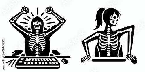 A Skeleton as Programmer stretching after long session. Skull Bones Skeletal Clipart Line Art Vector Illustration. .