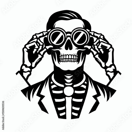 A Skeleton as Scientist adjusting goggles curious. Skull Bones Skeletal Clipart Line Art Vector Illustration. .