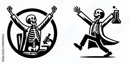 A Skeleton as Scientist celebrating discovery joyful. Skull Bones Skeletal Clipart Line Art Vector Illustration. .