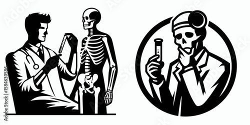 A Skeleton as Scientist examining sample disappointed. Skull Bones Skeletal Clipart Line Art Vector Illustration. .