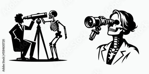 A Skeleton as Scientist looking through telescope amazed. Skull Bones Skeletal Clipart Line Art Vector Illustration. Bony expert observes cosmos via scope stunned astronomy wonder concept.