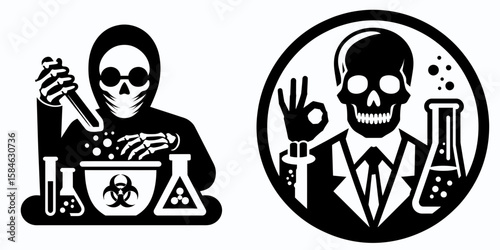 A Skeleton as Scientist mixing chemicals cautious. Skull Bones Skeletal Clipart Line Art Vector Illustration. Bone structure researcher combining substance alert.