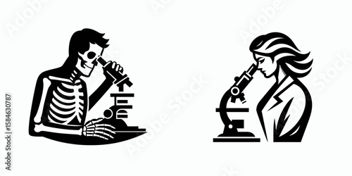 A Skeleton as Scientist peering into microscope focused. Skull Bones Skeletal Clipart Line Art Vector Illustration. Bone figure researcher examining tiny object under optical device study.