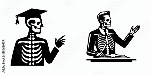 A Skeleton as Teacher gesturing explaining concept. Skull Bones Skeletal Clipart Line Art Vector Illustration. Bony figure educator showing information giving lesson idea description.
