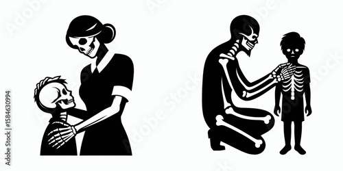 A Skeleton as Teacher helping student with caring look. Skull Bones Skeletal Clipart Line Art Vector Illustration. Bone tutor aiding pupil kind gaze showing love support and guidance.