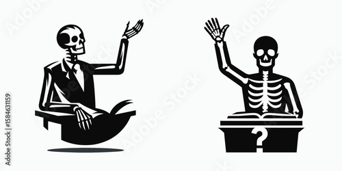 A Skeleton as Teacher raising hand to ask question. Skull Bones Skeletal Clipart Line Art Vector Illustration. .