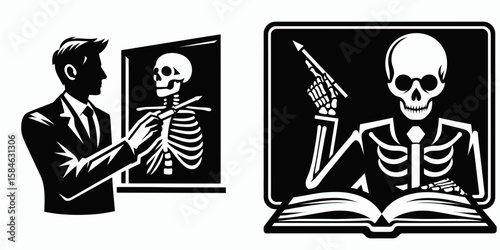 A Skeleton as Teacher writing on blackboard with focus. Skull Bones Skeletal Clipart Line Art Vector Illustration. Bony educator at chalkboard instructing bright spotlight.