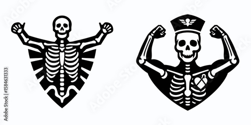 A Skeleton as Vet celebrating recovery happy. Skull Bones Skeletal Clipart Line Art Vector Illustration. Bony medic honoring well-being joyful image for improved health.