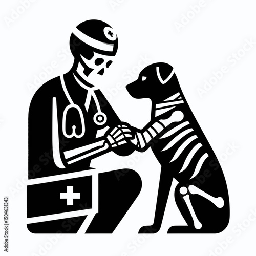 A Skeleton as Vet bandaging injured paw tender. Skull Bones Skeletal Clipart Line Art Vector Illustration. Bony medic curing hurt animal foot gently caring halloween fantasy.