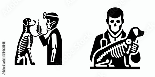 A Skeleton as Vet checking pet temperature attentive. Skull Bones Skeletal Clipart Line Art Vector Illustration. Bony doc giving animal checkup taking heat reading kind care.