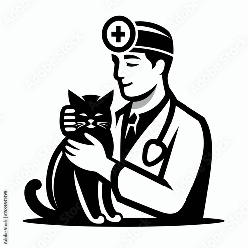 A Skeleton as Vet comforting cat soothing. Skull Bones Skeletal Clipart Line Art Vector Illustration. Bone doctor pet buddy aiding feline pal easing worry.