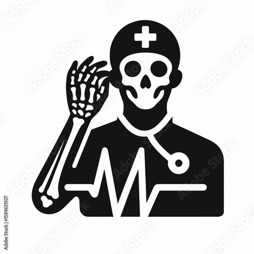 A Skeleton as Vet listening to heartbeat compassionate. Skull Bones Skeletal Clipart Line Art Vector Illustration. Bone doctor checking pulse kind helpful medical exam loving animal health.