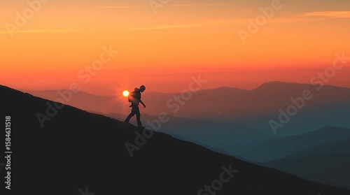 Silhouette of a person hiking uphill at sunrise