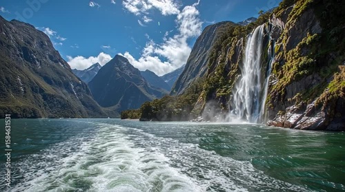 Majestic waterfall cascading down rocky cliffs, nestled in a fjord.