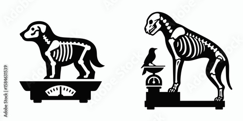 A Skeleton as Vet weighing animal methodical. Skull Bones Skeletal Clipart Line Art Vector Illustration. Bone doctor checks pet using scale in careful systematic procedure.