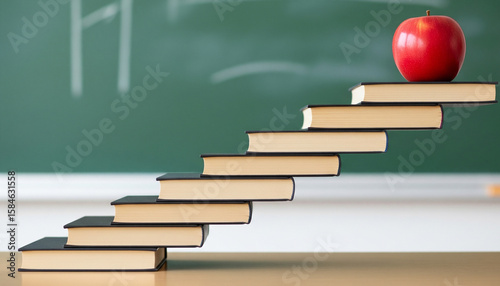 Books Stacked Like Stairs with Red Apple on Top in Front of Classroom Chalkboard Representing Education and Knowledge Growth