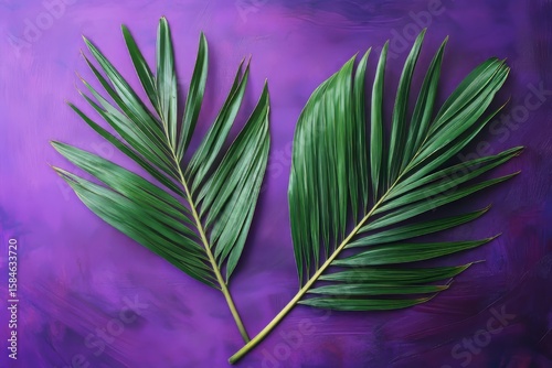 Two vibrant palm leaves on a purple background.