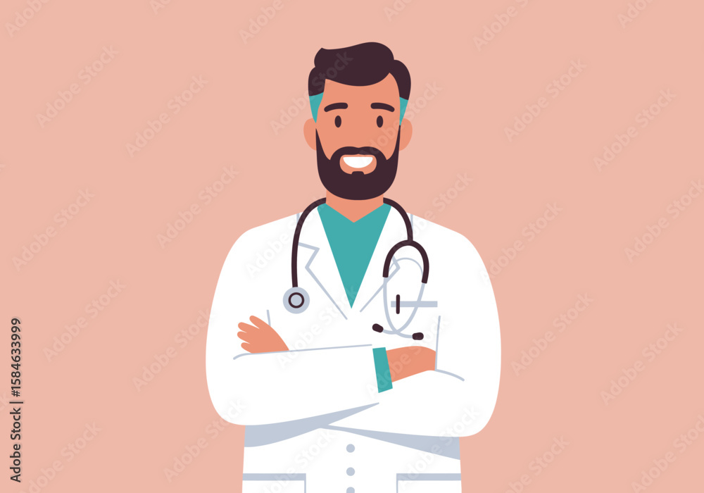 Fototapeta premium Caring Doctor Illustration with Stethoscope Healthcare Professional Portrait Smiling Confidently