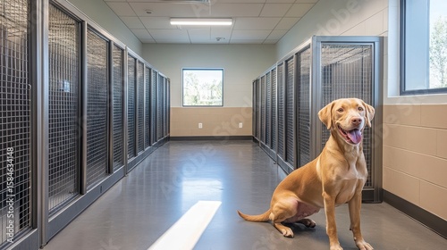 Friendly Dog in Modern Dog Kennel with Spacious Design and Lighting