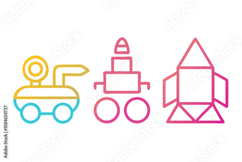 Three colorful geometric spacecraft and rover icons on black background