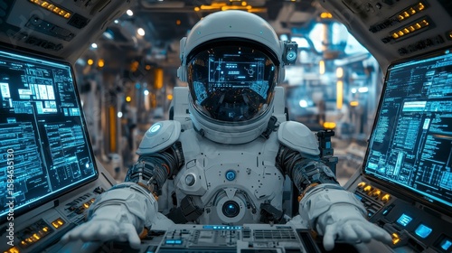 Astronaut in High-Tech Spacecraft Control Room with Interactive Displays
