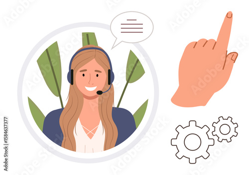 Female customer support agent wearing a headset, surrounded by plants with a speech bubble, pointing hand and gears. Ideal for support, teamwork, communication, guidance, service, feedback
