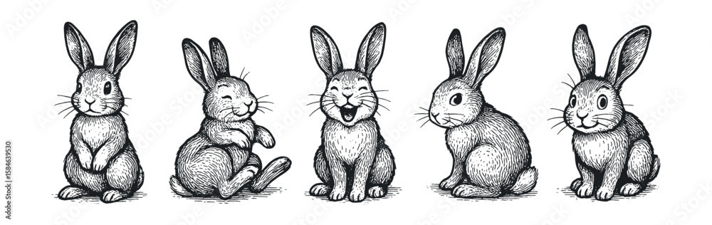 Set of cute bunnies in different adorable poses, drawn in a hand-sketched vintage style. Set of cute bunnies in different adorable poses, drawn in a hand-sketched vintage style.