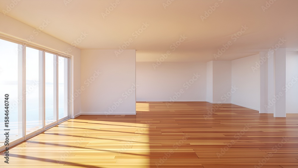 Obraz premium Sunlight floods a spacious, minimalist room with hardwood floors and large windows, evoking