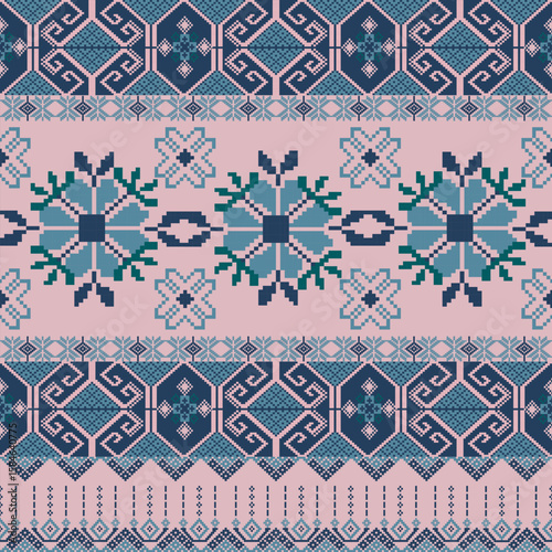 Ikat pattern hand drawn bule tone, Motif ethnic floral seamless textil, embroidery, print striped ornament floral, pattern, design for wrapping, silk, scarf, background, textile