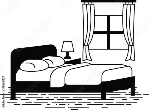 Cozy Bedroom Interior – Black and White Vector Illustration of Bed, Window, and Lamp.