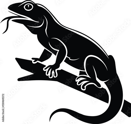Lizard on Branch Black and White Vector Illustration – Reptile Silhouette Clipart.
