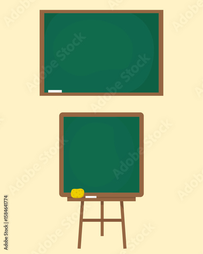 School board for writing Back to school flat illustration Green board white chalk sponge