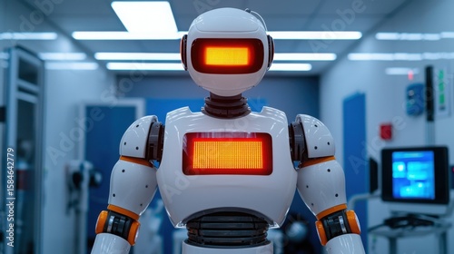 Agility Humanoid Robot Factory Concept. Futuristic humanoid robot with illuminated displays in a modern tech environment for innovation concepts