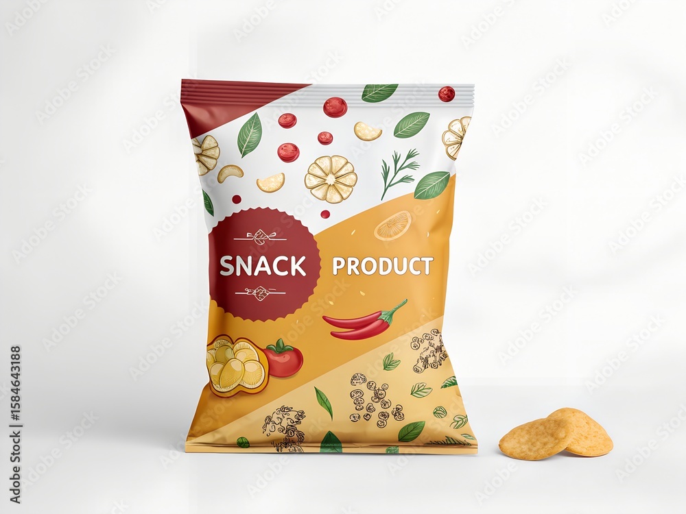 Obraz premium Realistic Snack Package Mockup with Spices and Herbs