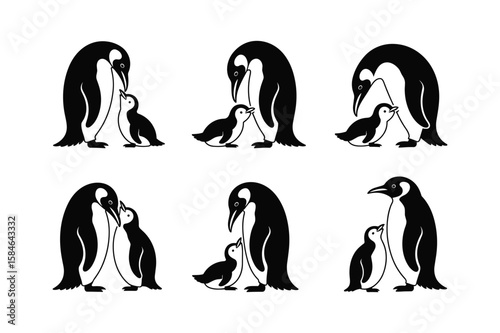 Adult and baby penguins interacting in various poses adult penguin interaction