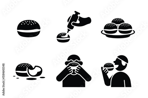 Burger preparation and consumption icons sesame seeds ketchup bottle