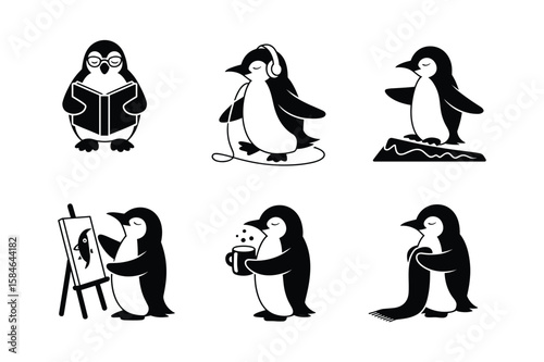 Penguin reading listening to music standing on ice painting drinking coffee wearing scarf
