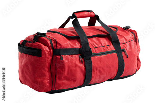 Durable red duffel bag for travel or sports.