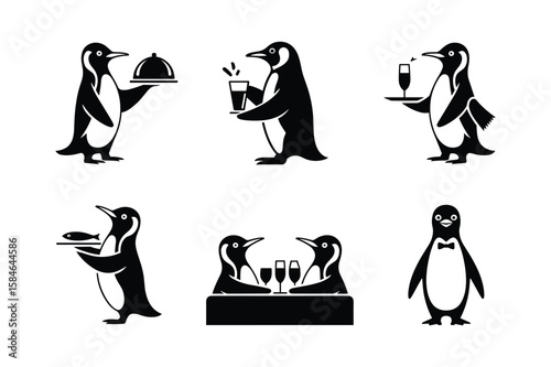 Penguins serving drinks and food fish