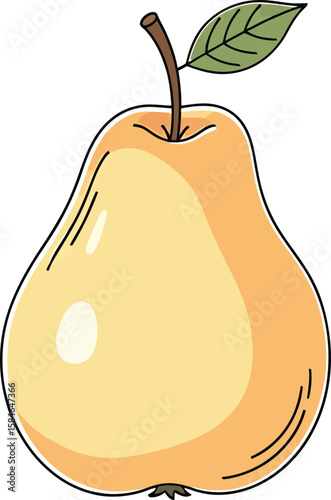 Illustration of a ripe yellow pear with a brown stem and a single green leaf, outlined in black.