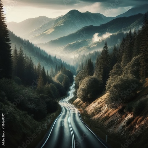 The road winds through the mountains dense forests flank either