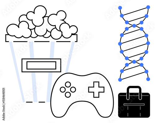 Popcorn bucket, gaming controller, business briefcase, and DNA helix showcasing themes of entertainment, gaming, work, and scientific exploration. Ideal for science, fun work-life balance