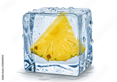 Pineapple Slice Frozen in Ice Cube | Refreshing Summer Fruit Treat for Food Photography, Cocktails, and Tropical Marketing Concepts
