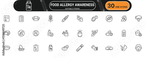 Food allergy awareness line icons highlighting allergens, warnings, labels, food safety, medical alert, and dietary information