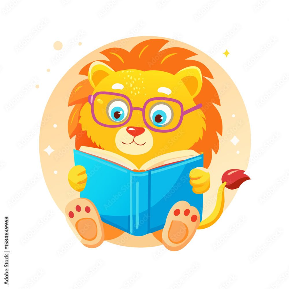 Naklejka premium Cute Lion Reading Book in Library Vector