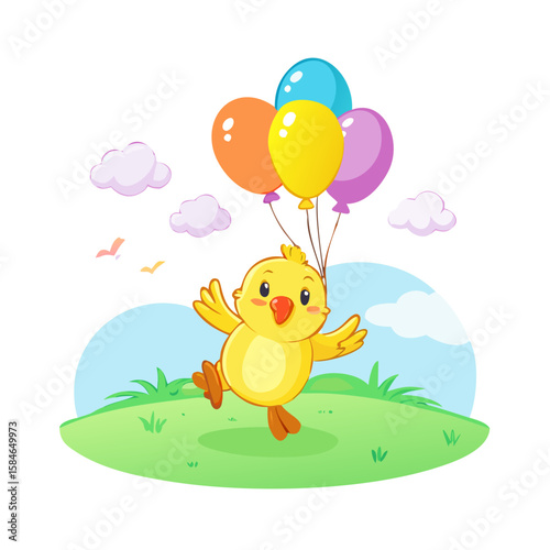 Happy Chick with Balloons Vector Cartoon